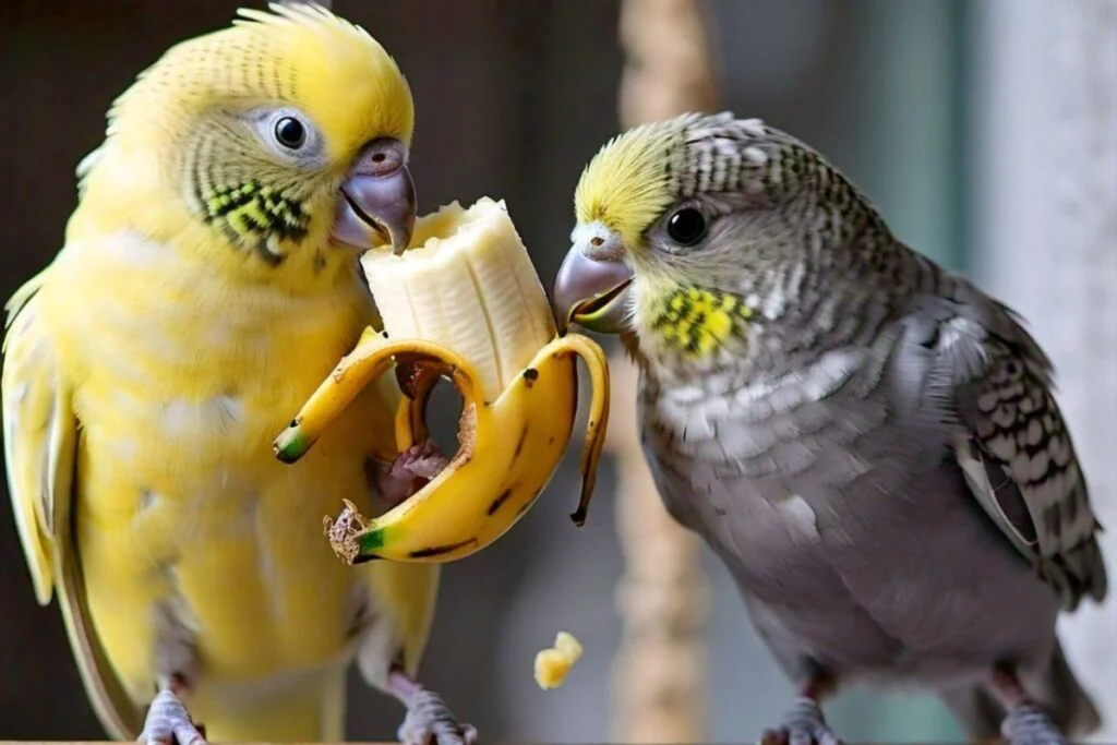 budgies eating bananas